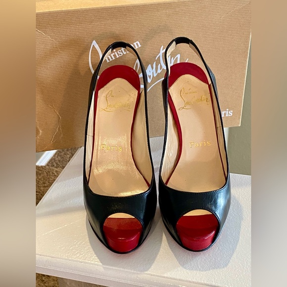 🔥 Christian Louboutin Black Leather Platform Peep Toe Heels Pumps Shoes 🔥 - Picture 2 of 10